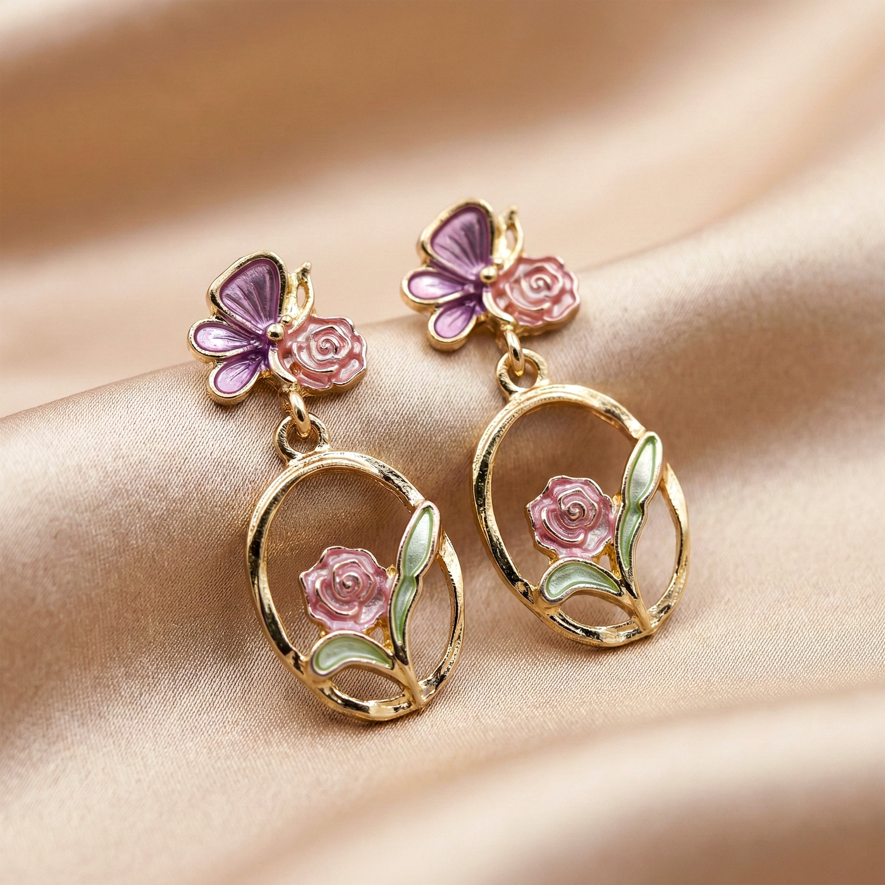 Butterfly & Rose Floral Drop Earrings GWE -177