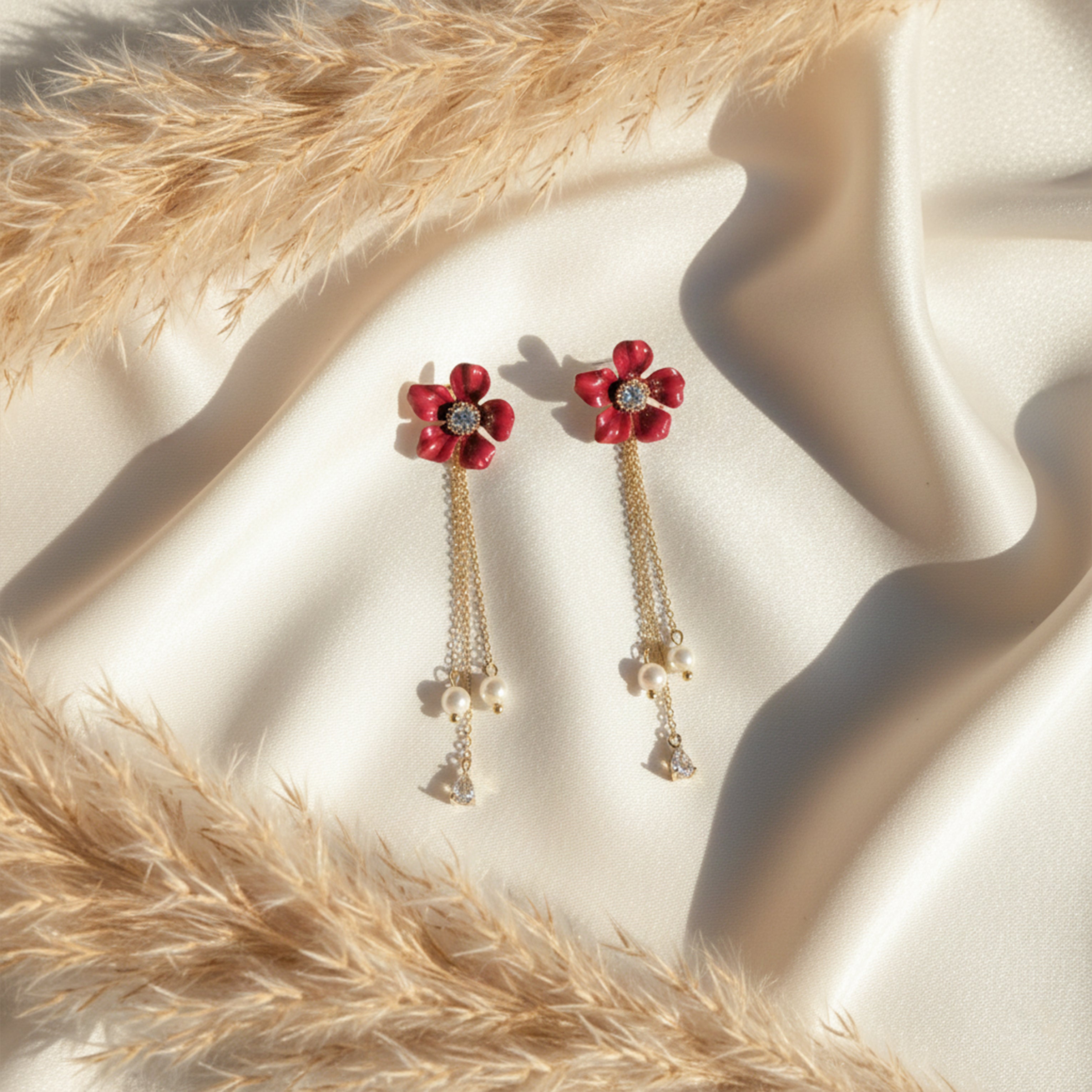 Ruby Blossom Pearl Tassel Earrings GWE -119