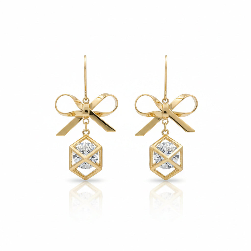 Golden Bow Cube Drop Earrings GWE -110