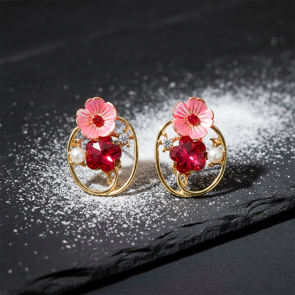 Red Floral Crystal Earrings GWE -227