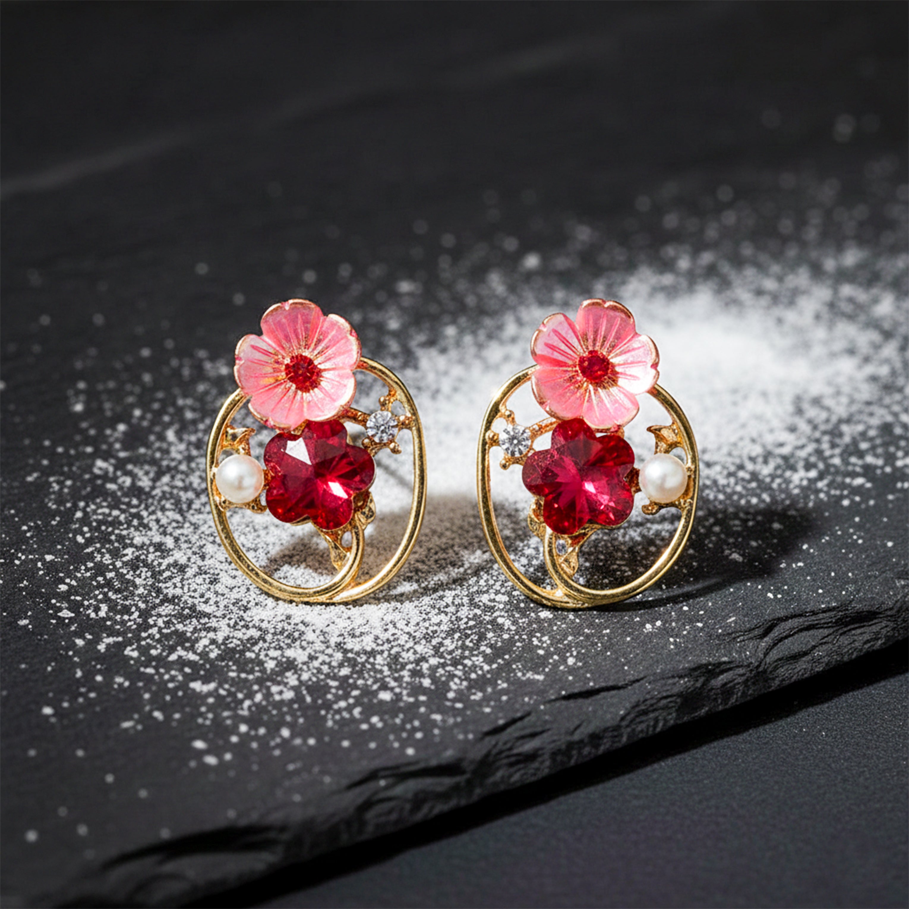 Red Floral Crystal Earrings GWE -227
