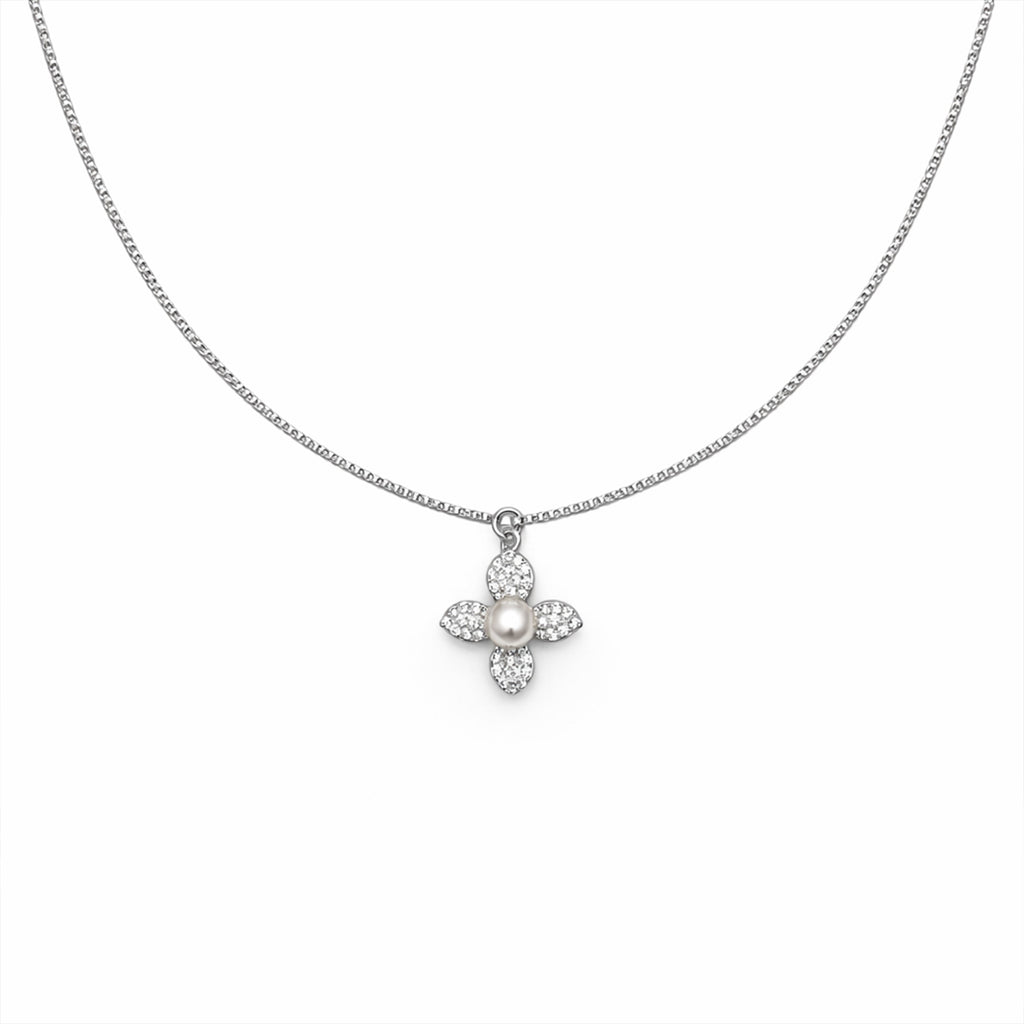 Silver Pearl Blossom Charm Necklace GWN -54
