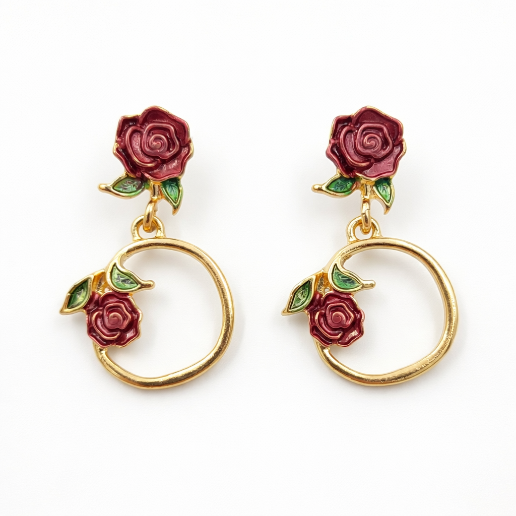 Rose Floral Hoop Drop Earrings GWE -175