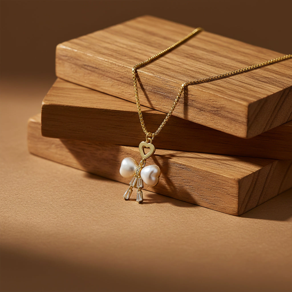 Golden Pearl Bow Heart Pendant Necklace GWN -51