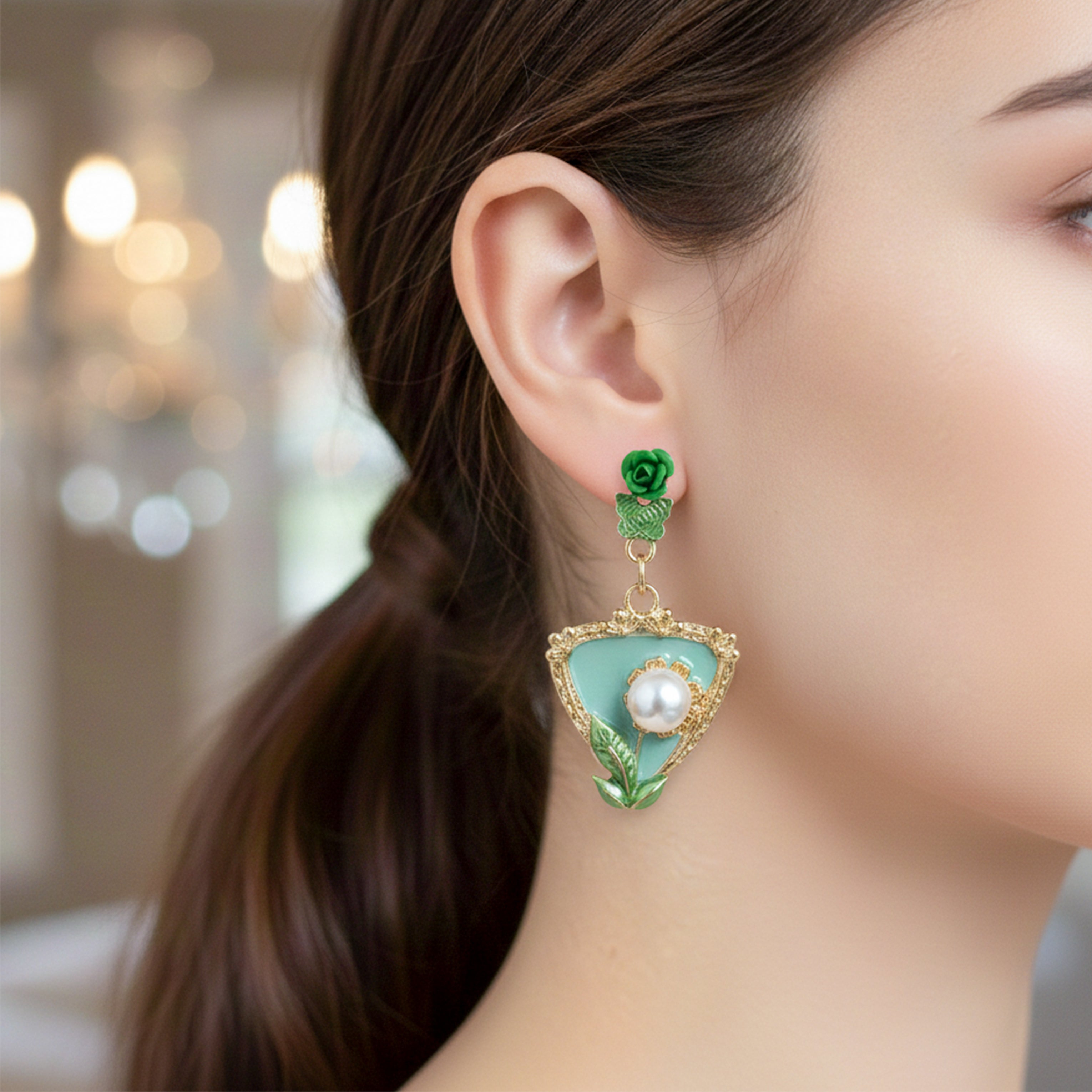Emerald Rose Pearl Drop Earrings GWE -220