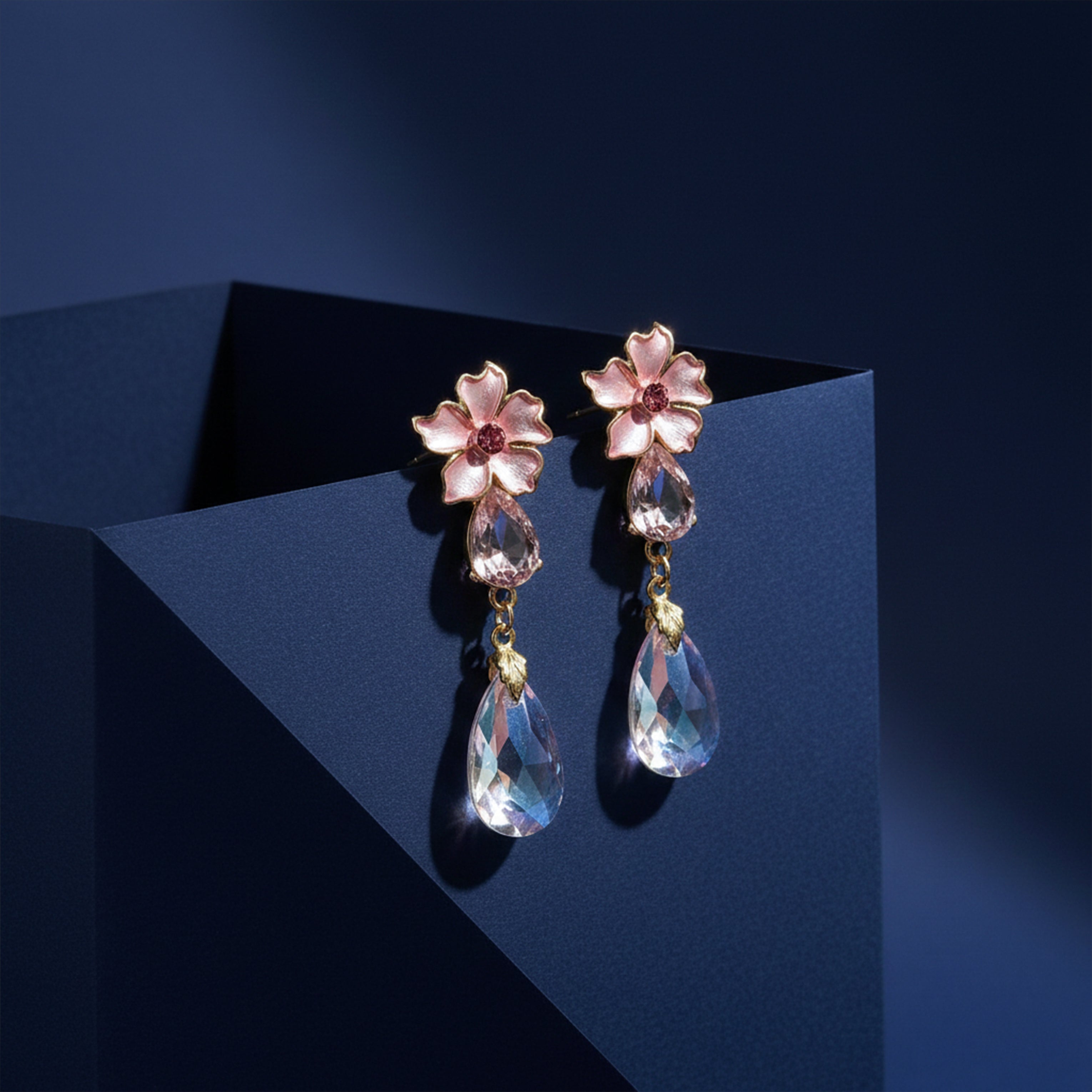 Pink Floral Crystal Drop Earrings GWE -176