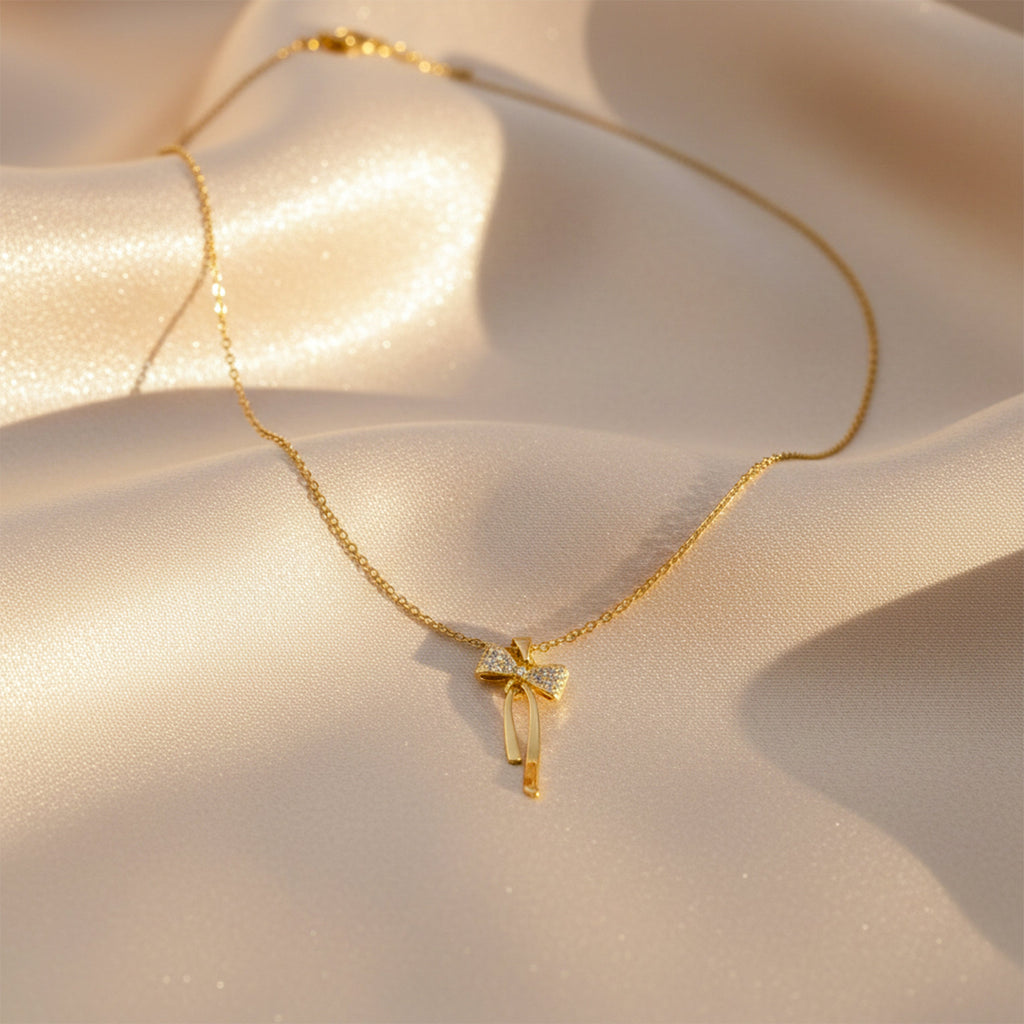 Golden Bow Drop Pendant Necklace GWN -88