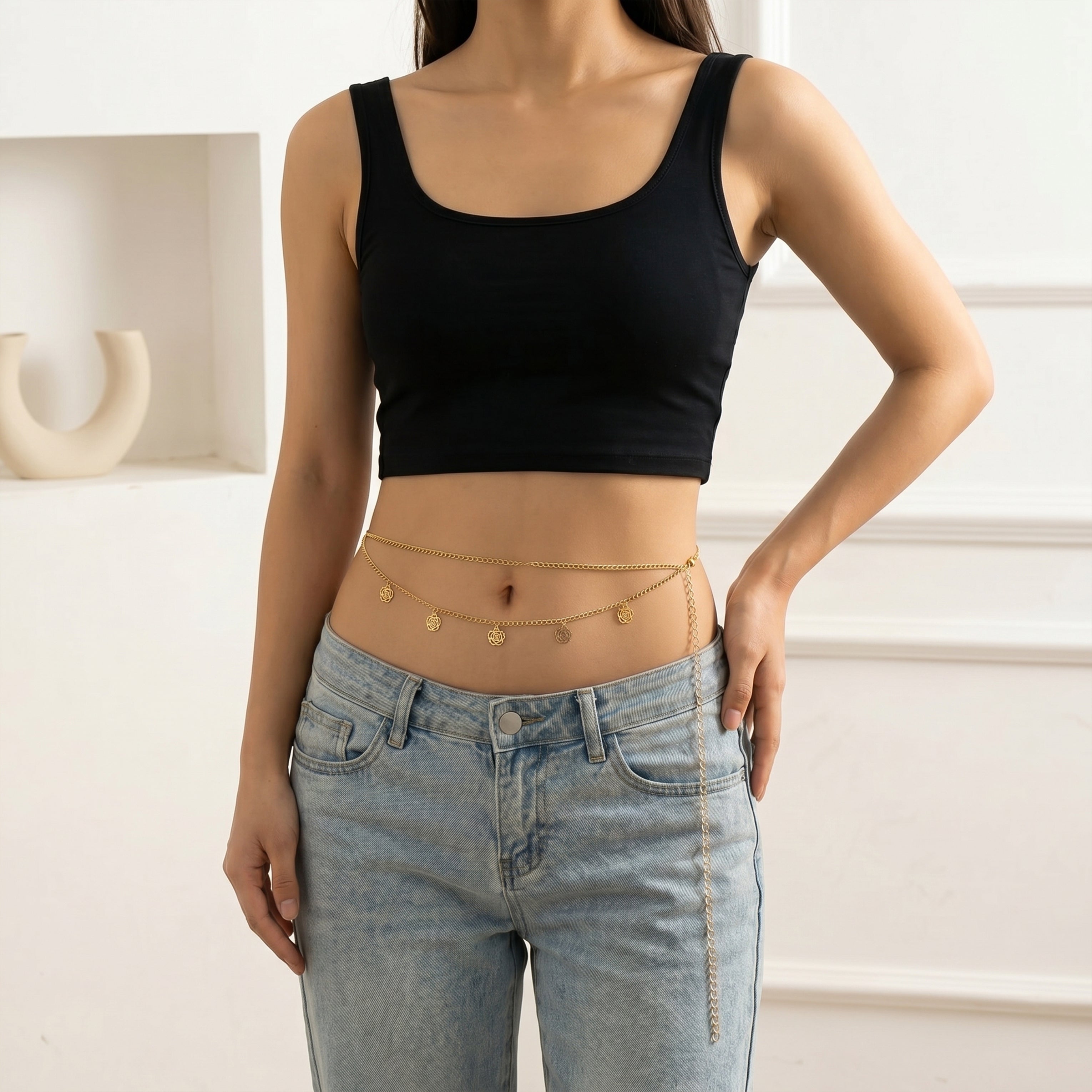Gold Rose Charm Layered Belly Chain GCB -2
