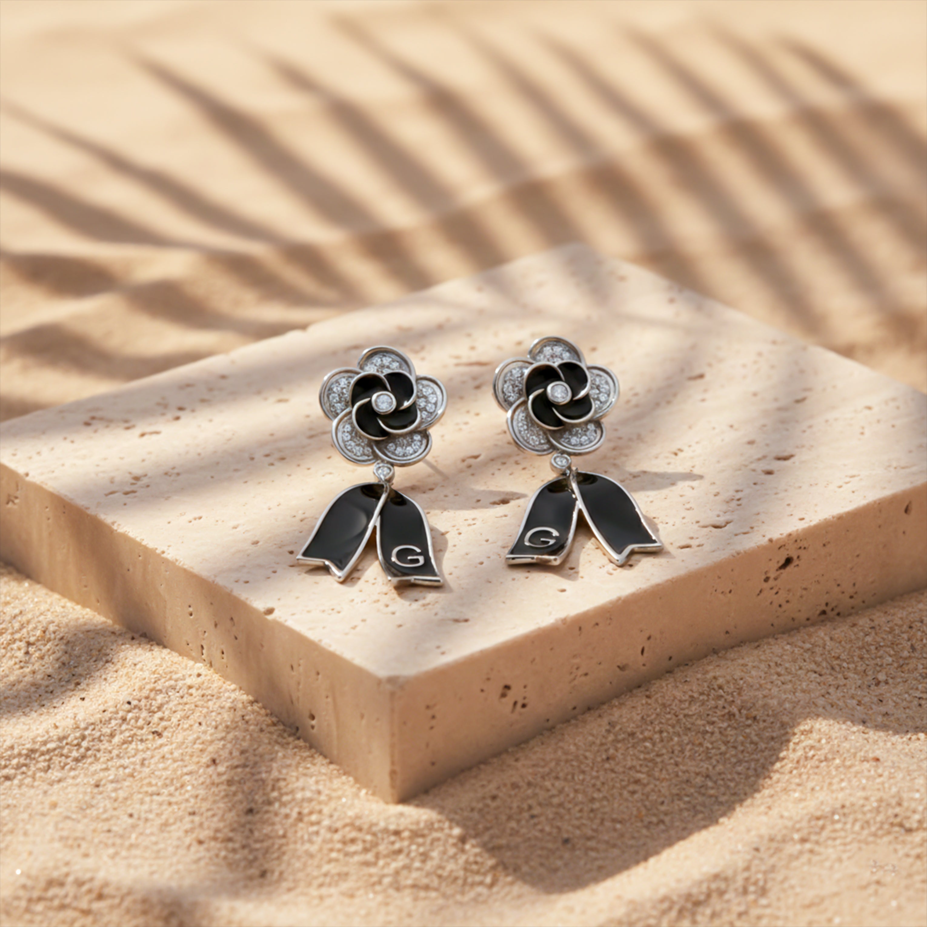 Onyx Silver Bloom Drop Earrings GWE -64