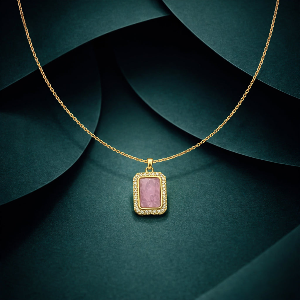 Pink Rectangle Halo Pendant Necklace GWN -152