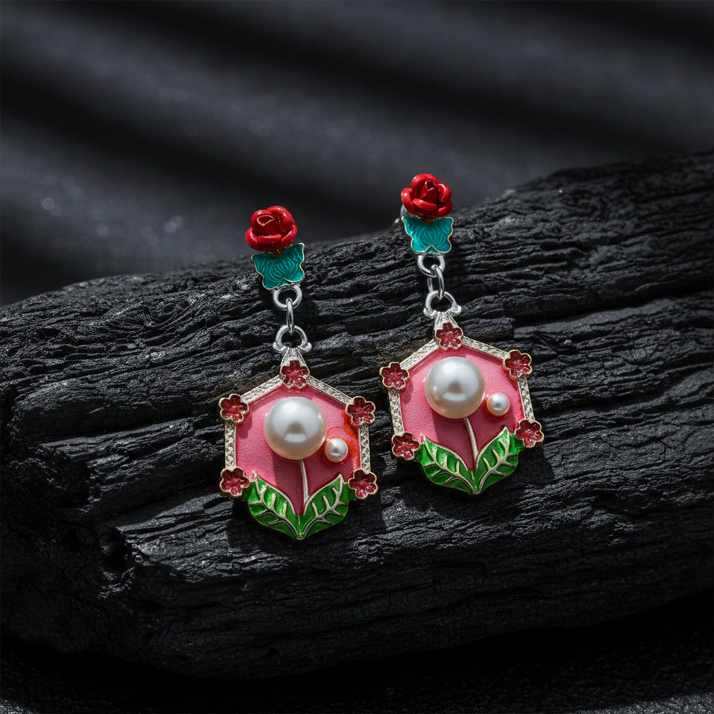 Red Floral Pearl Earrings GWE -228