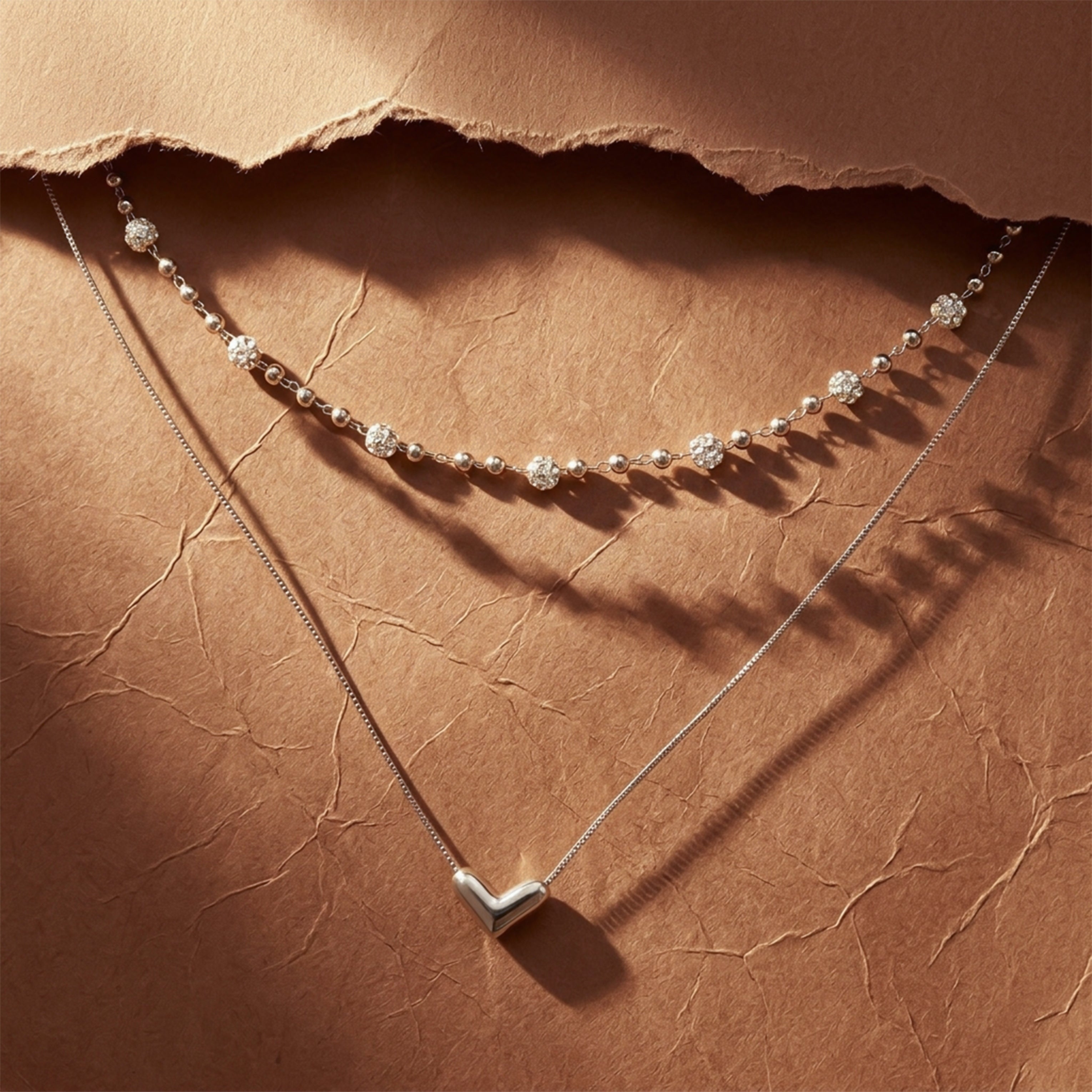 Silver Layered Heart & Spark Beaded Necklace GWN -64