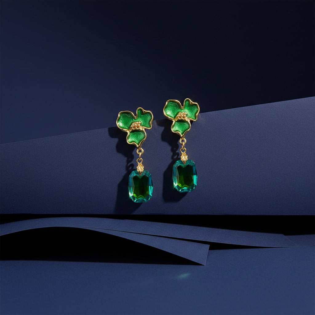 Green Enamel Floral Drop Earrings GWE -233