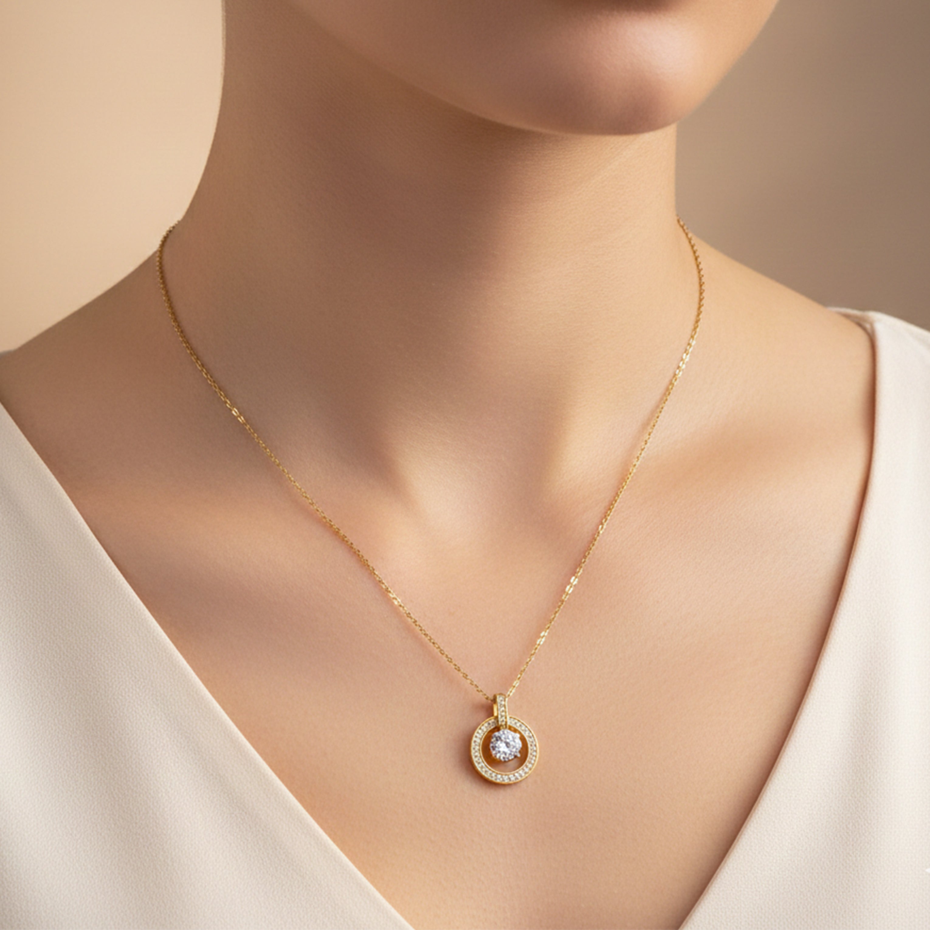 Classic Round Halo CZ Gold Necklace GWN -139