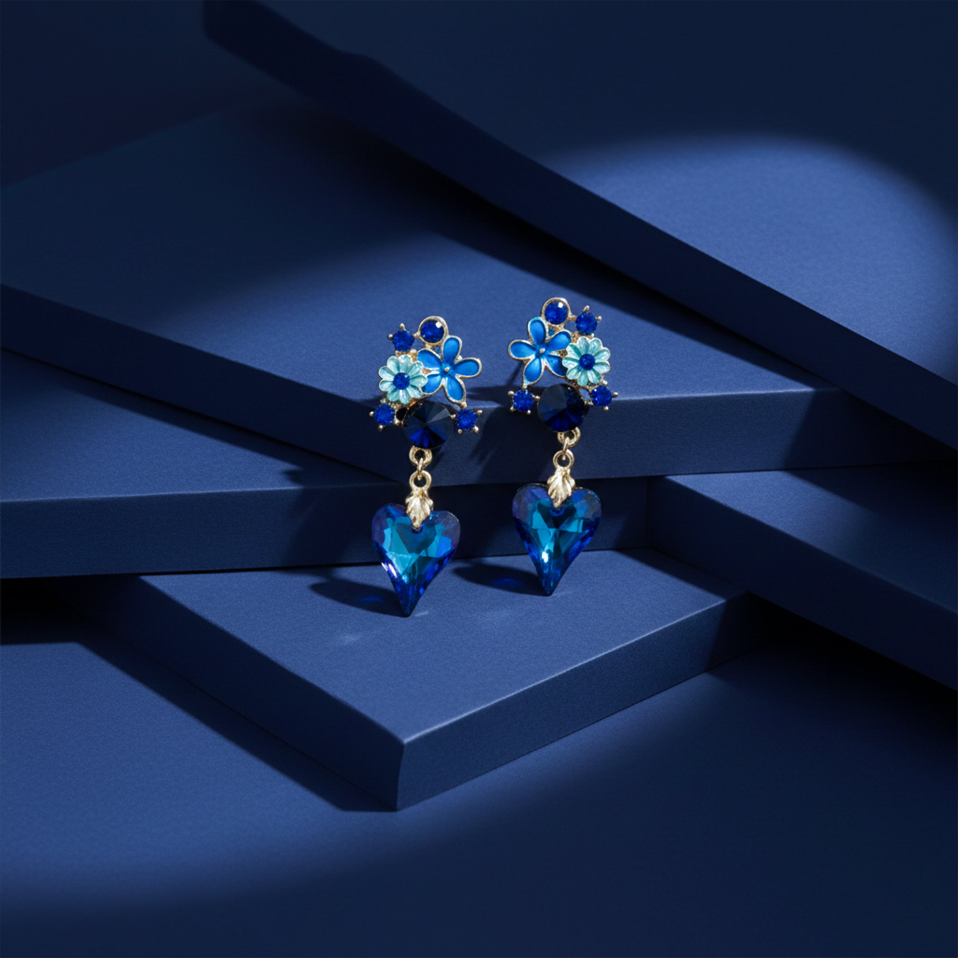 Blue Floral Heart Drop Earrings GWE -173