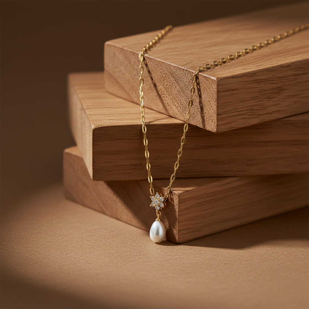 Golden Floral Pearl Drop Necklace GWN -37