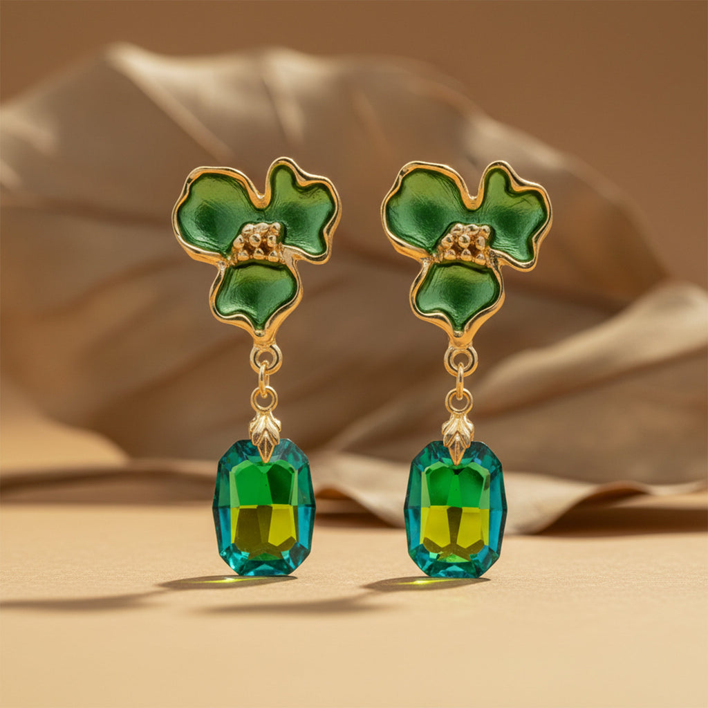 Green Enamel Floral Drop Earrings GWE -233