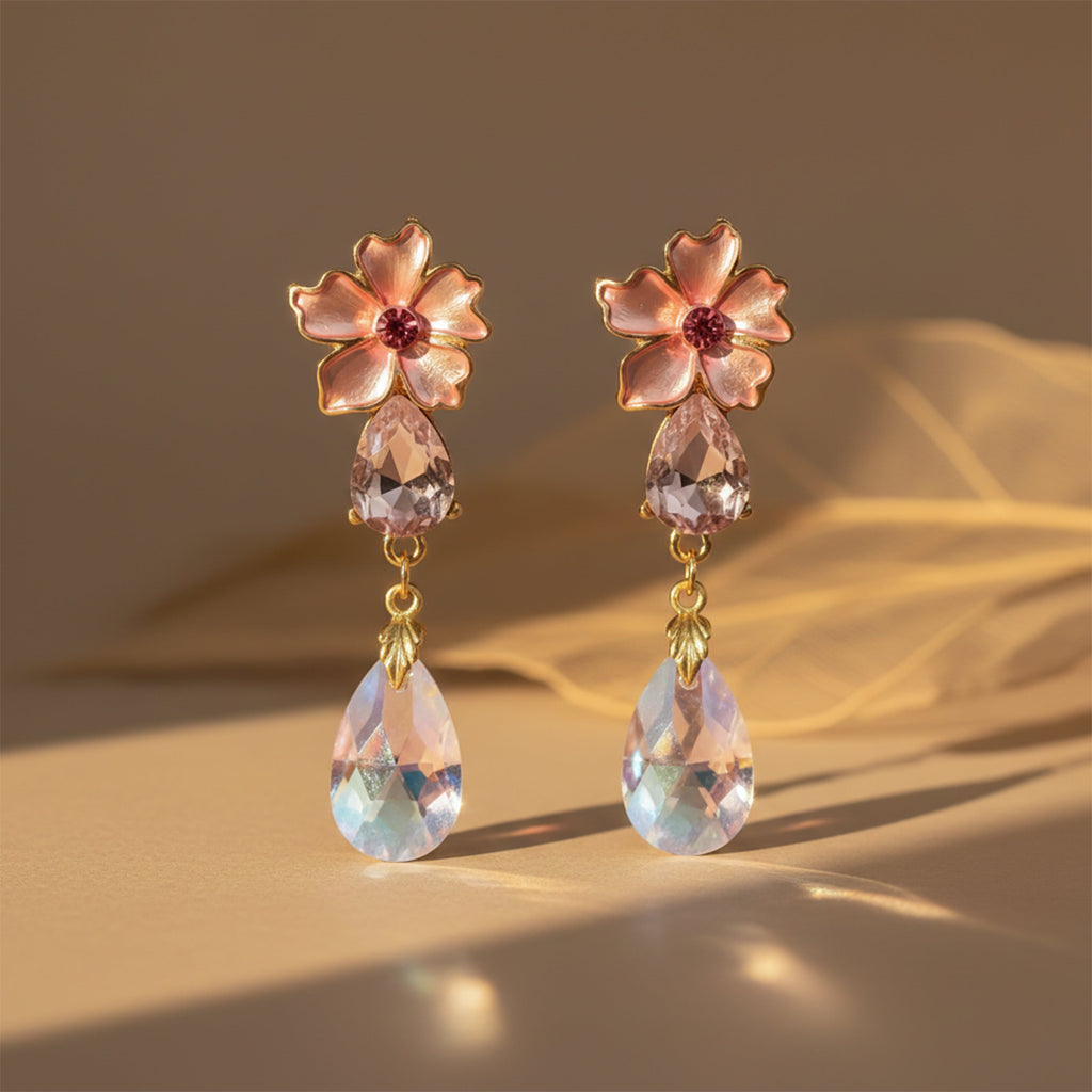 Pink Floral Crystal Drop Earrings GWE -176