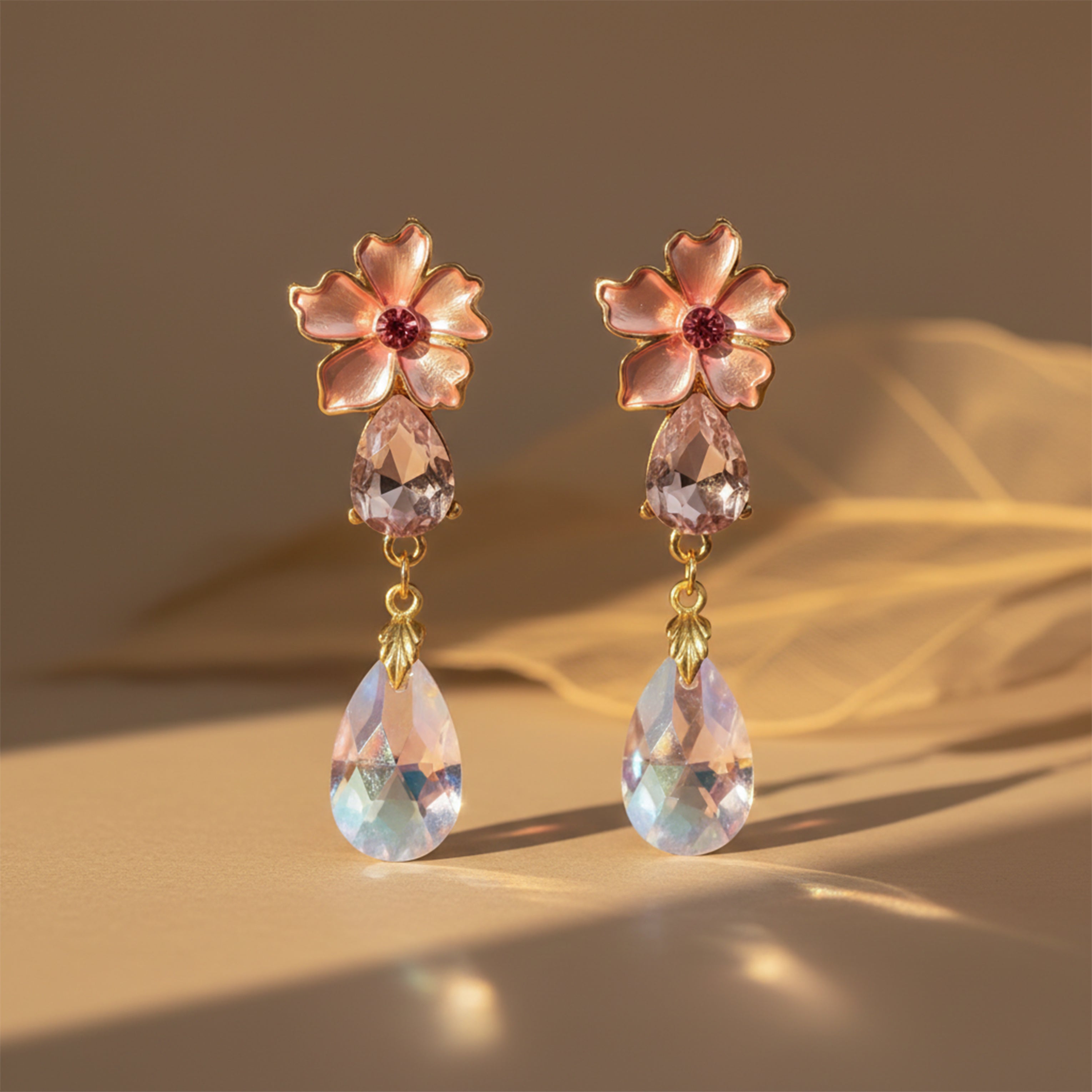 Pink Floral Crystal Drop Earrings GWE -176