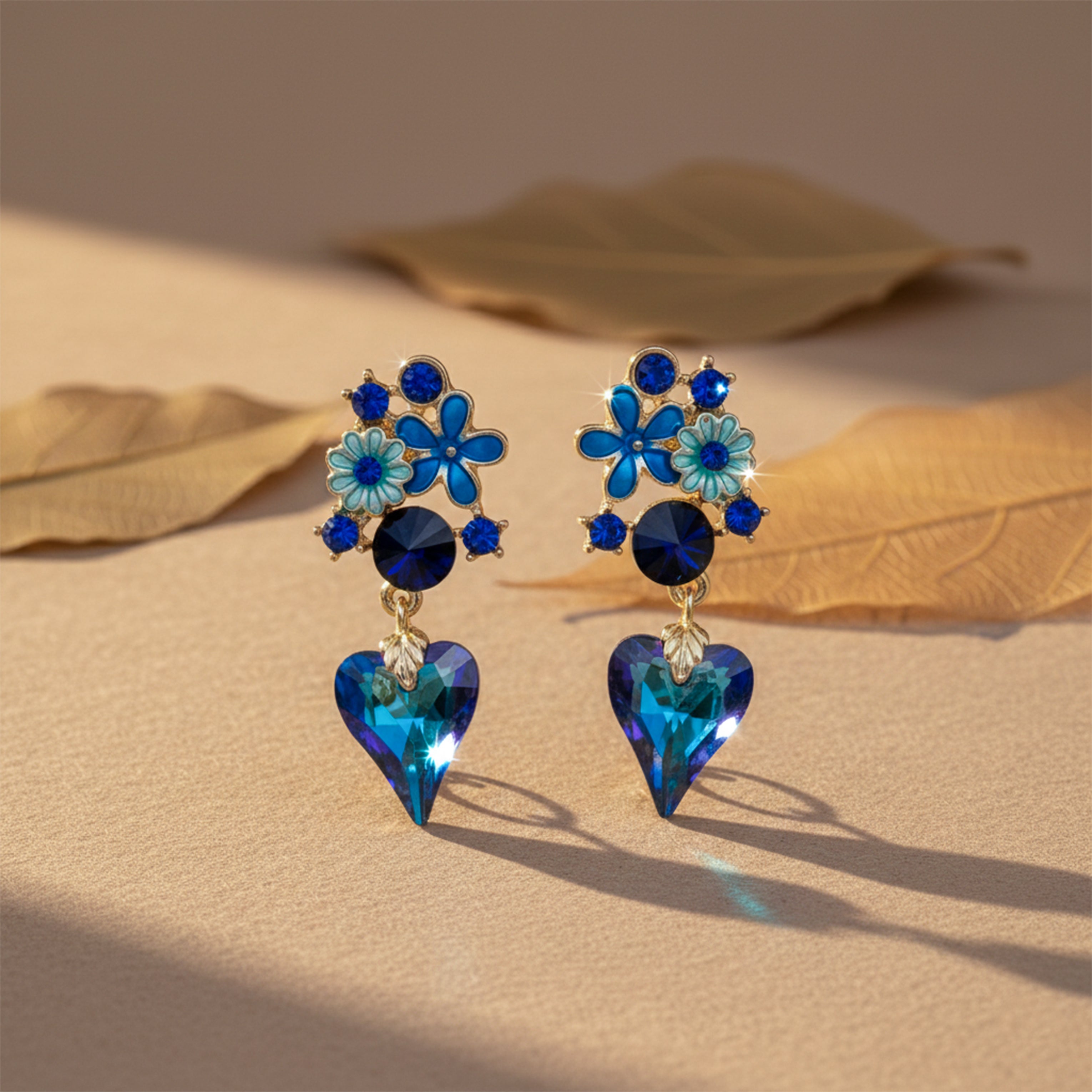 Blue Floral Heart Drop Earrings GWE -173