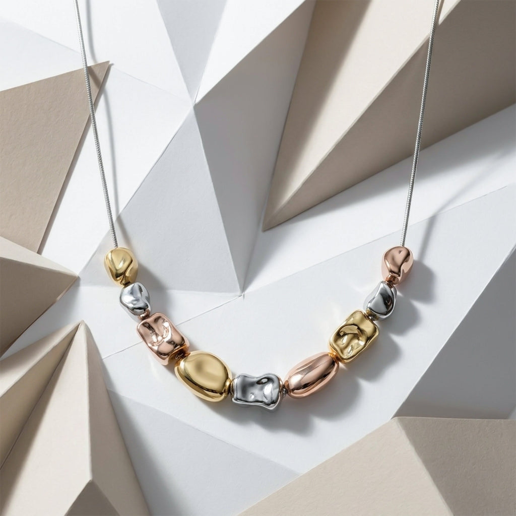 Trio Tone Sculpted Bead Necklace GWN -65