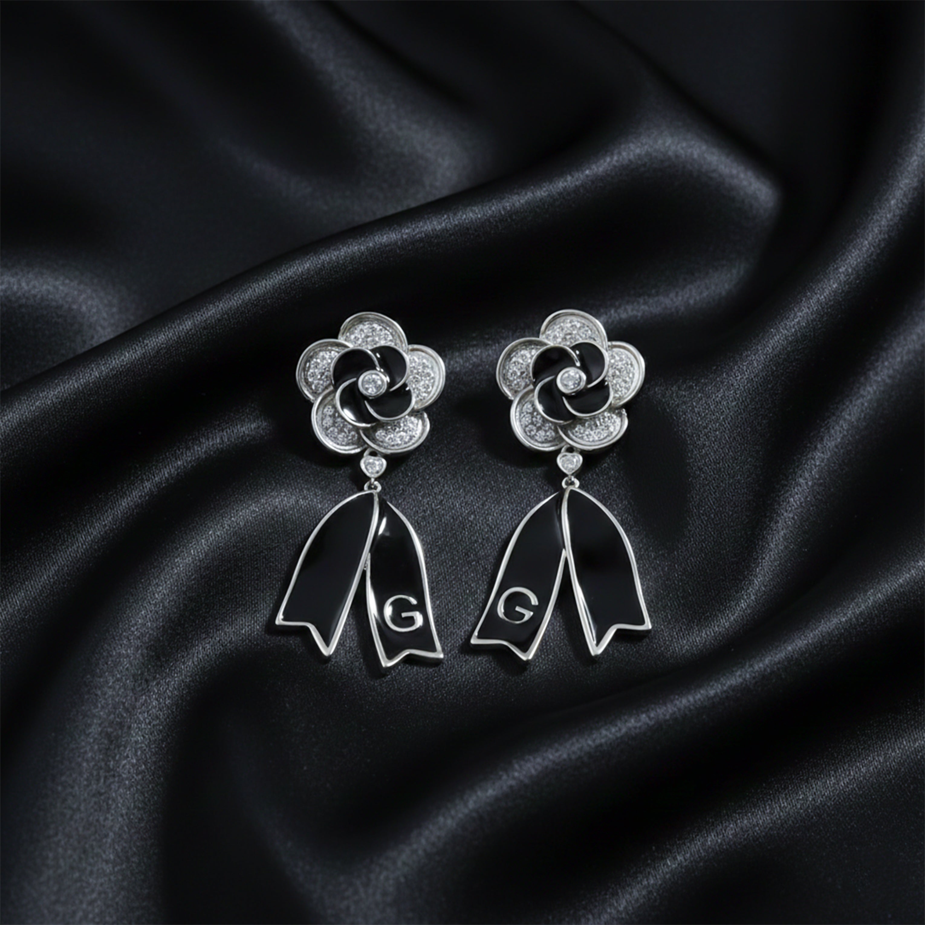 Onyx Silver Bloom Drop Earrings GWE -64