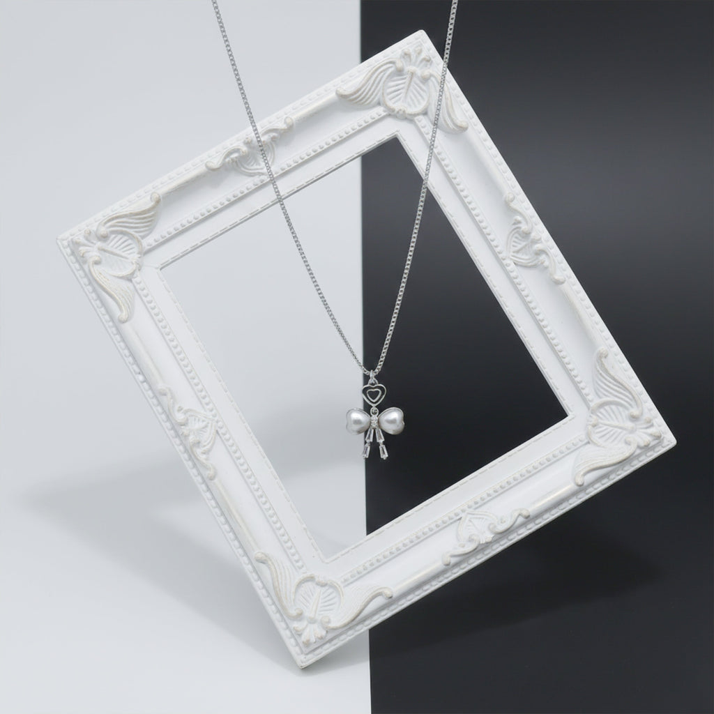 Silver Pearl Bow Heart Pendant Necklace GWN -52
