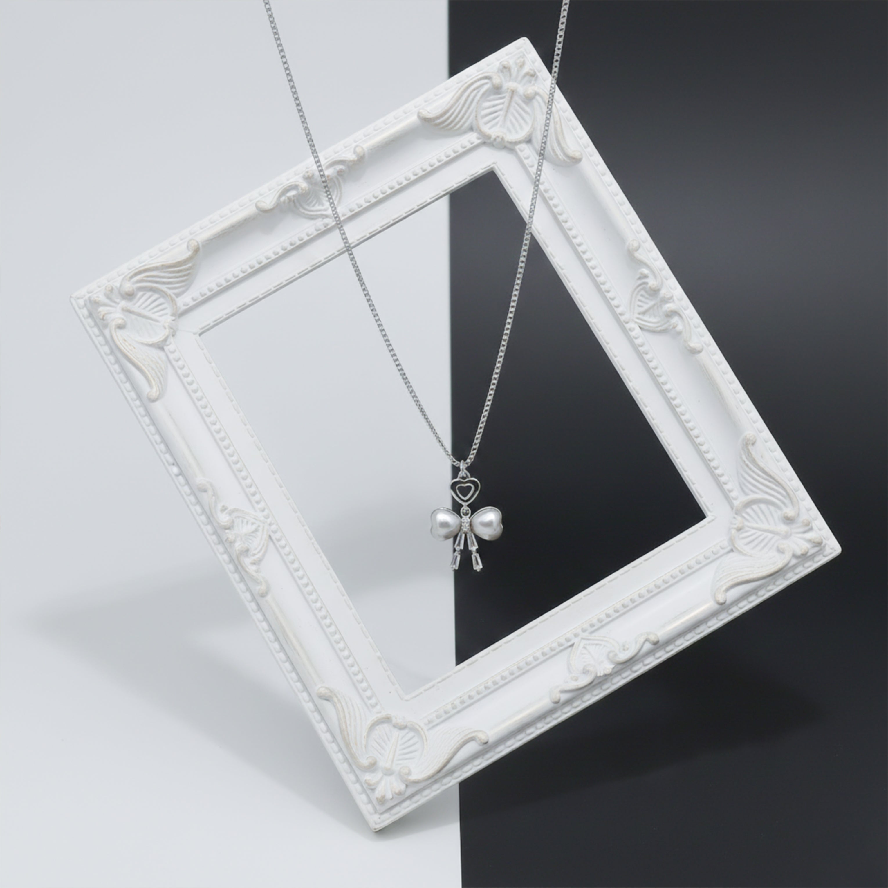 Silver Pearl Bow Heart Pendant Necklace GWN -52