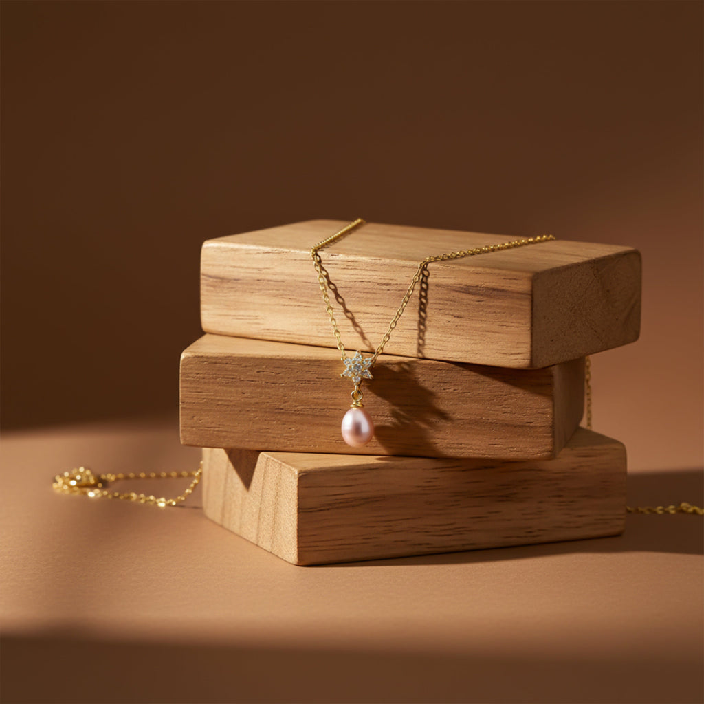 Golden Pearl Drop Charm Necklace GWN -44