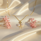Golden Pearl Bow Heart Pendant Necklace GWN -51