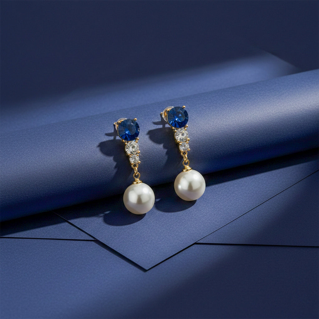 Blue Crystal & Pearl Drop Earrings GWE -143