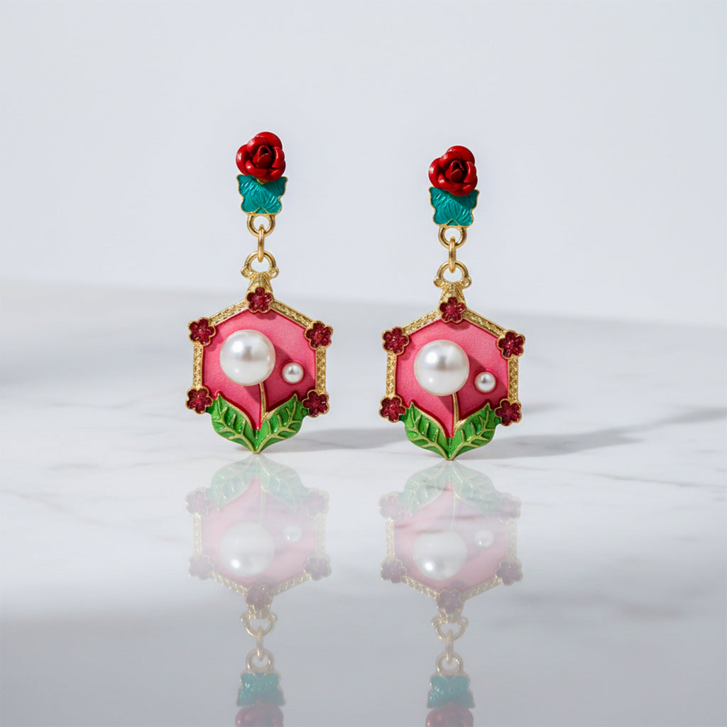 Red Floral Pearl Earrings GWE -228