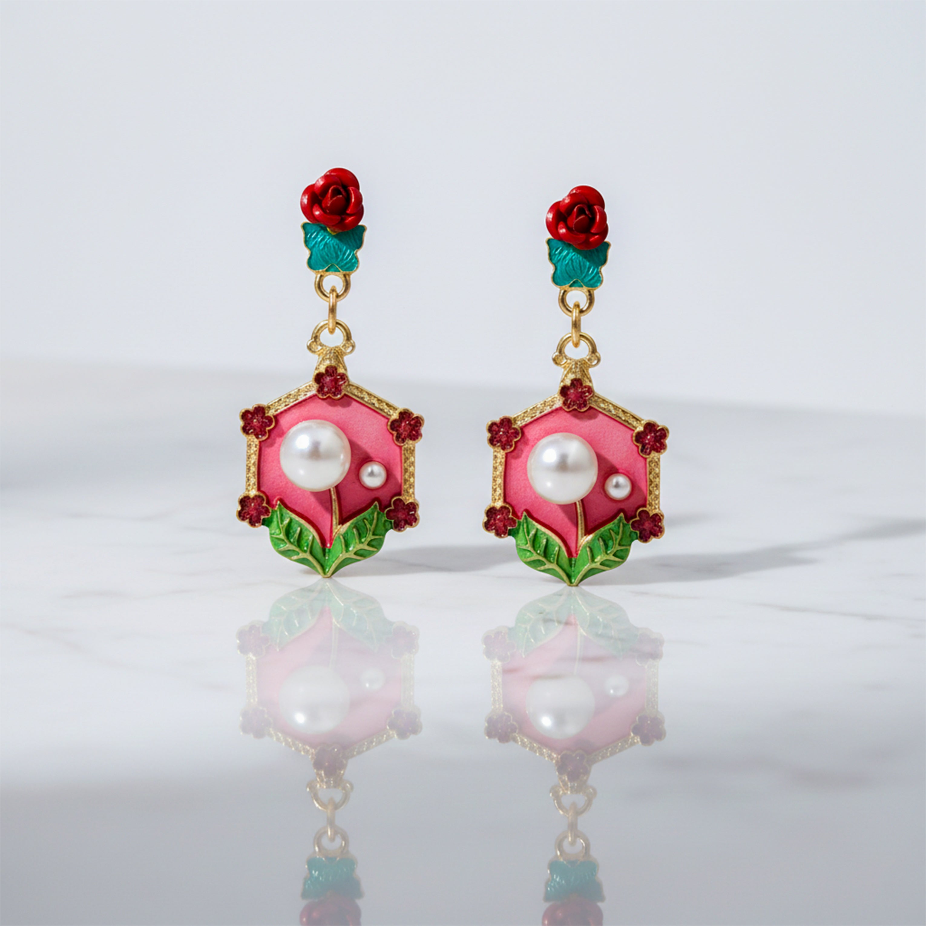 Red Floral Pearl Earrings GWE -228