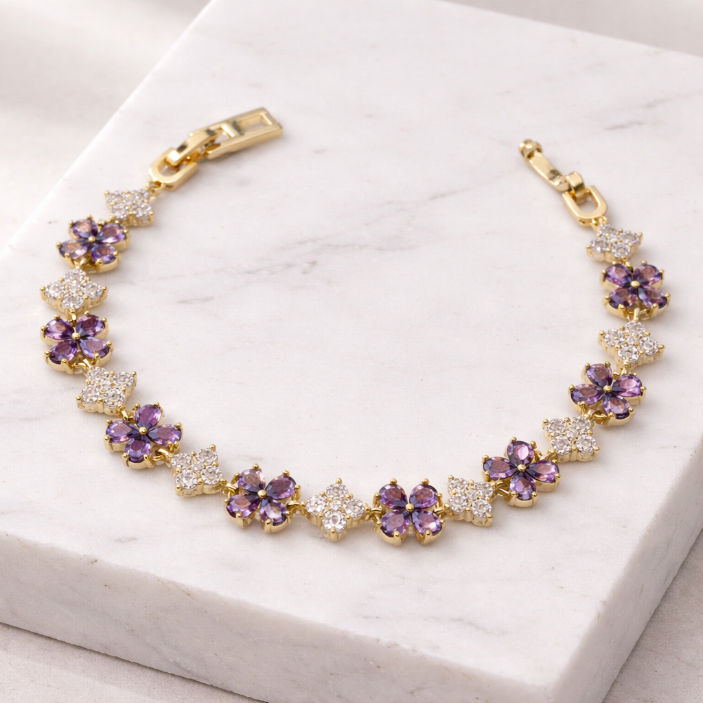 Gold Purple Floral Stone Bracelet GWB -161