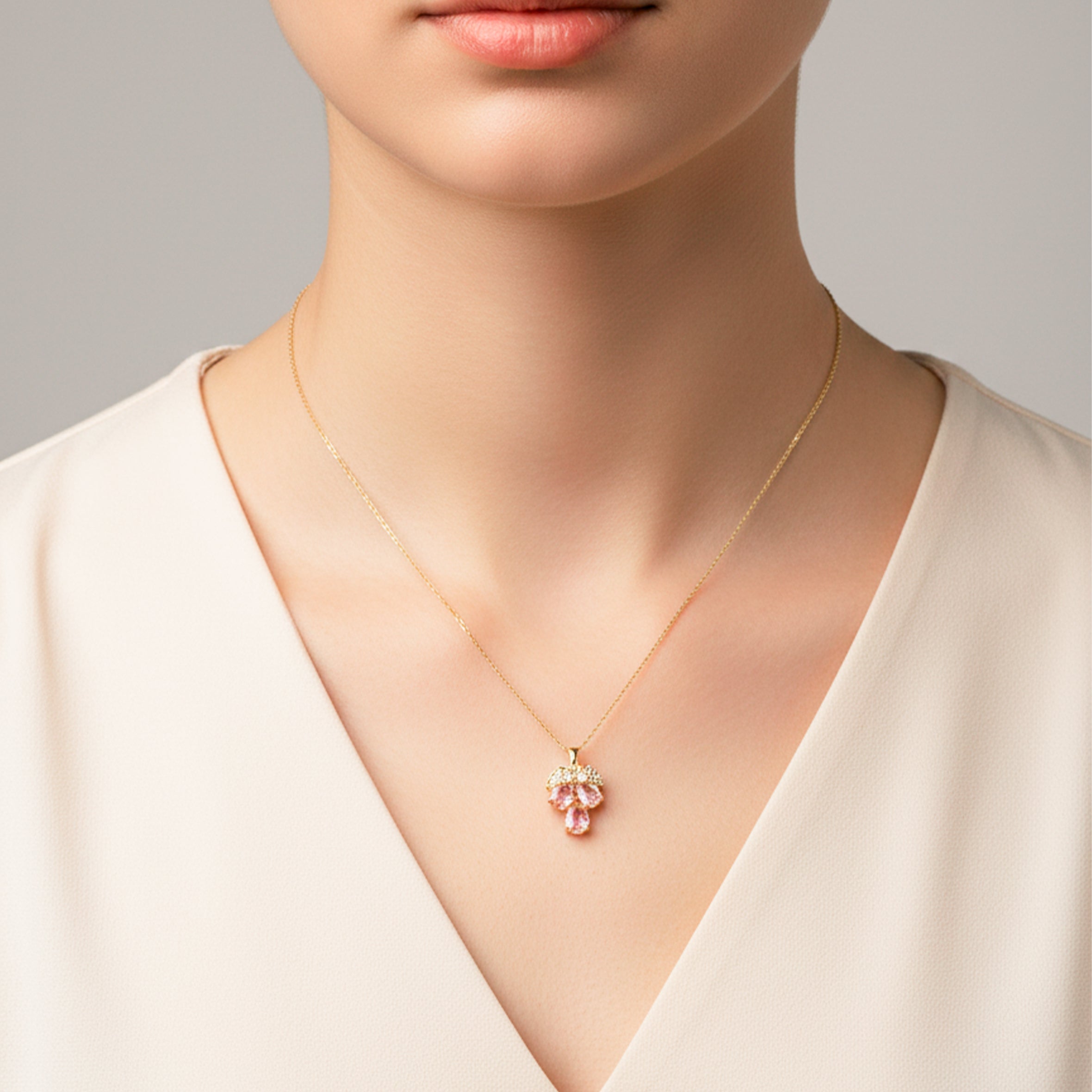Dainty Gold and Pink Gemstone Clover Women Necklace GWN -148