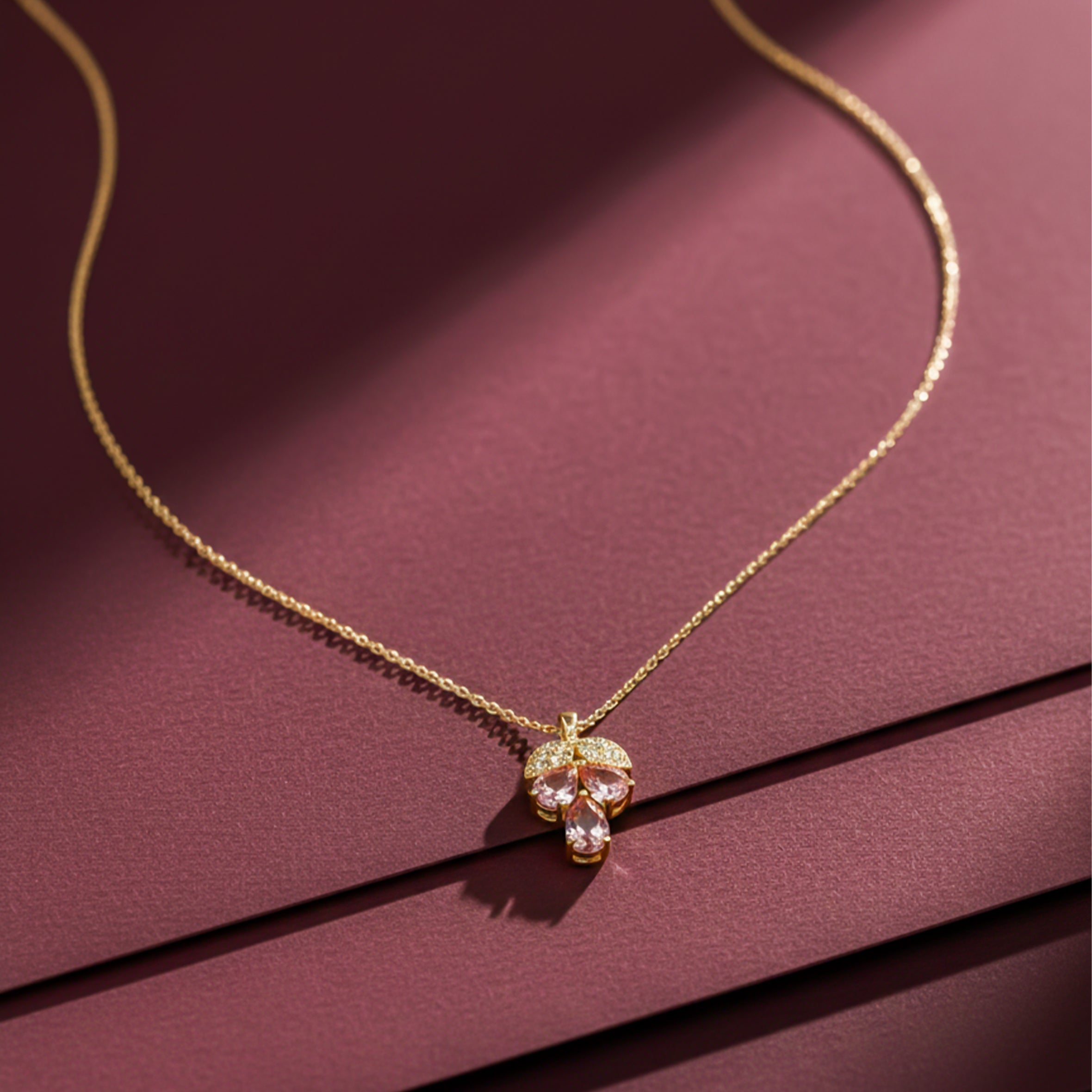 Dainty Gold and Pink Gemstone Clover Women Necklace GWN -148