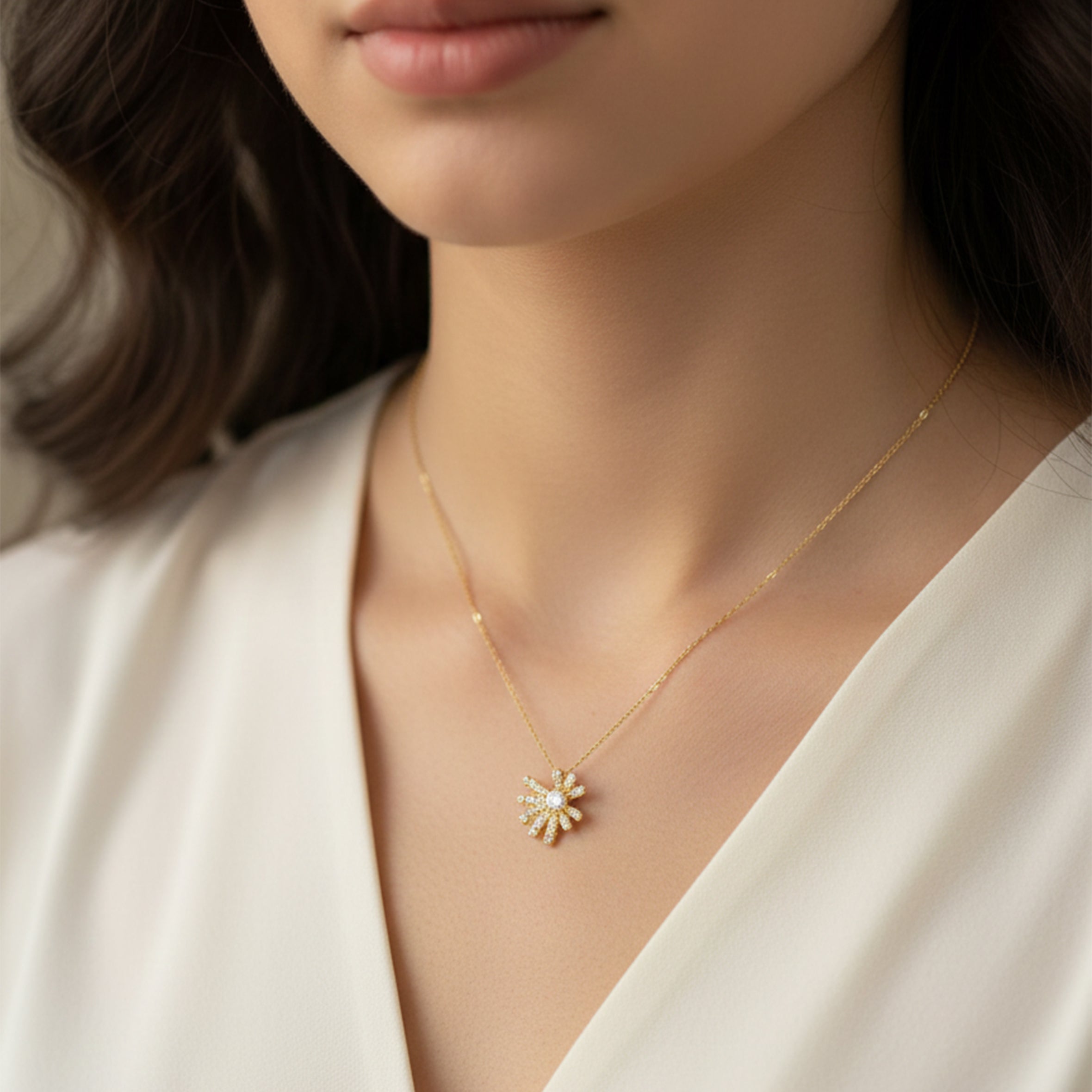 Gold Pavé Petal Sunburst Women Necklace GWN -149