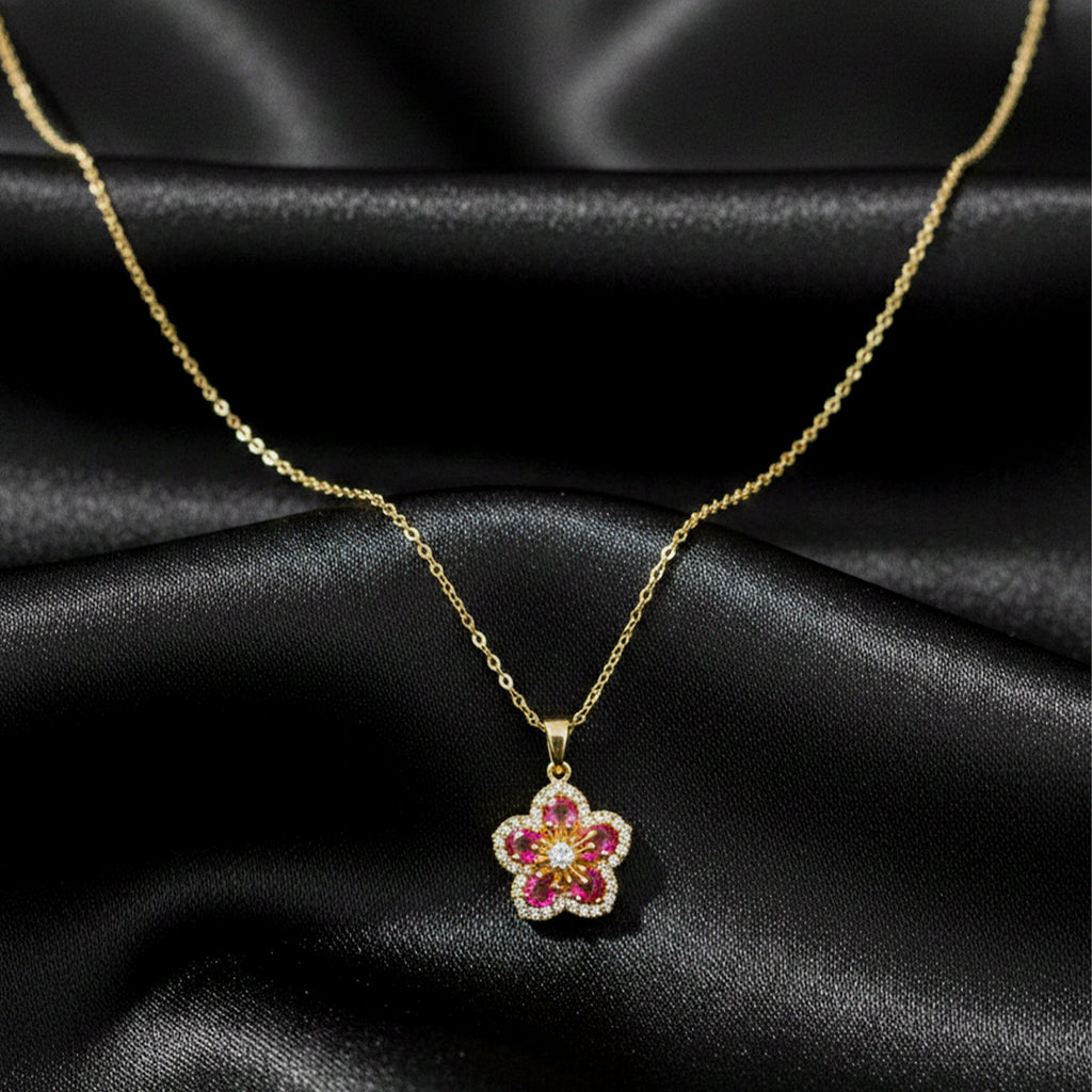 Pink Blossom Crystal Pendant Women Necklace GWN -123