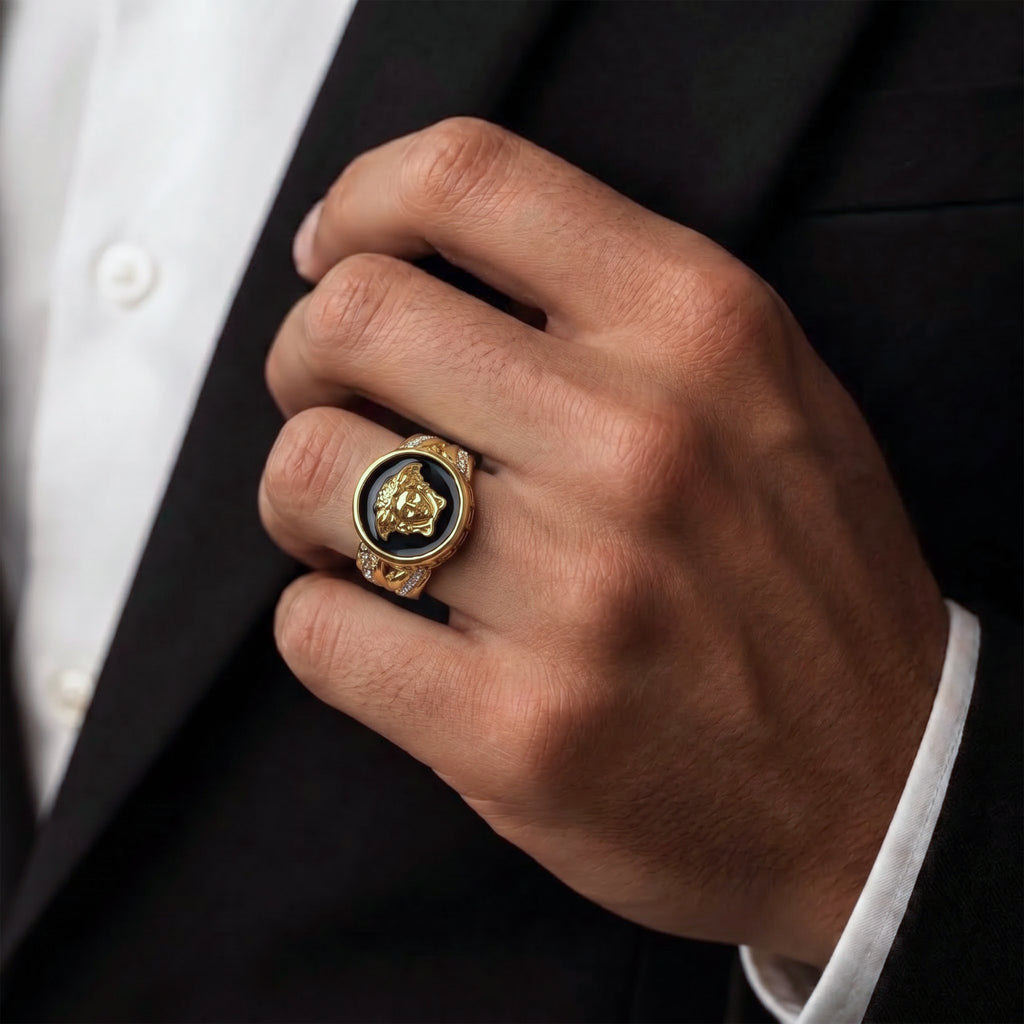 Men’s Gold Medusa Black Statement Ring GMR -14