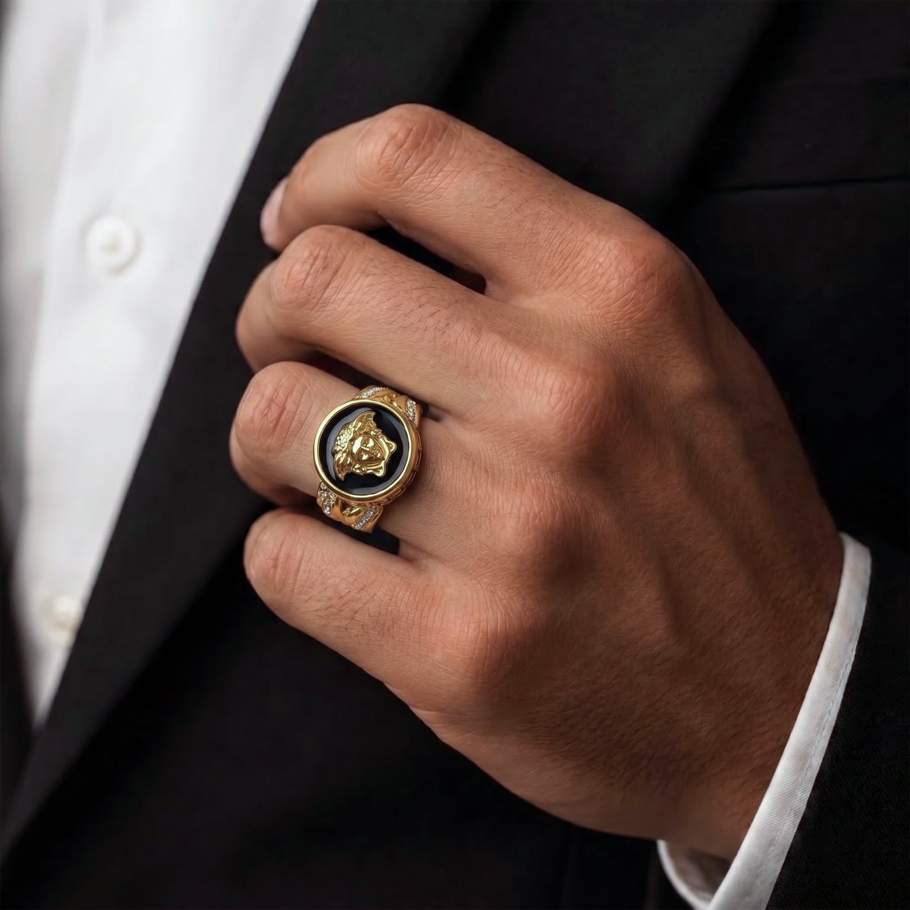 Men’s Gold Medusa Black Statement Ring GMR -14